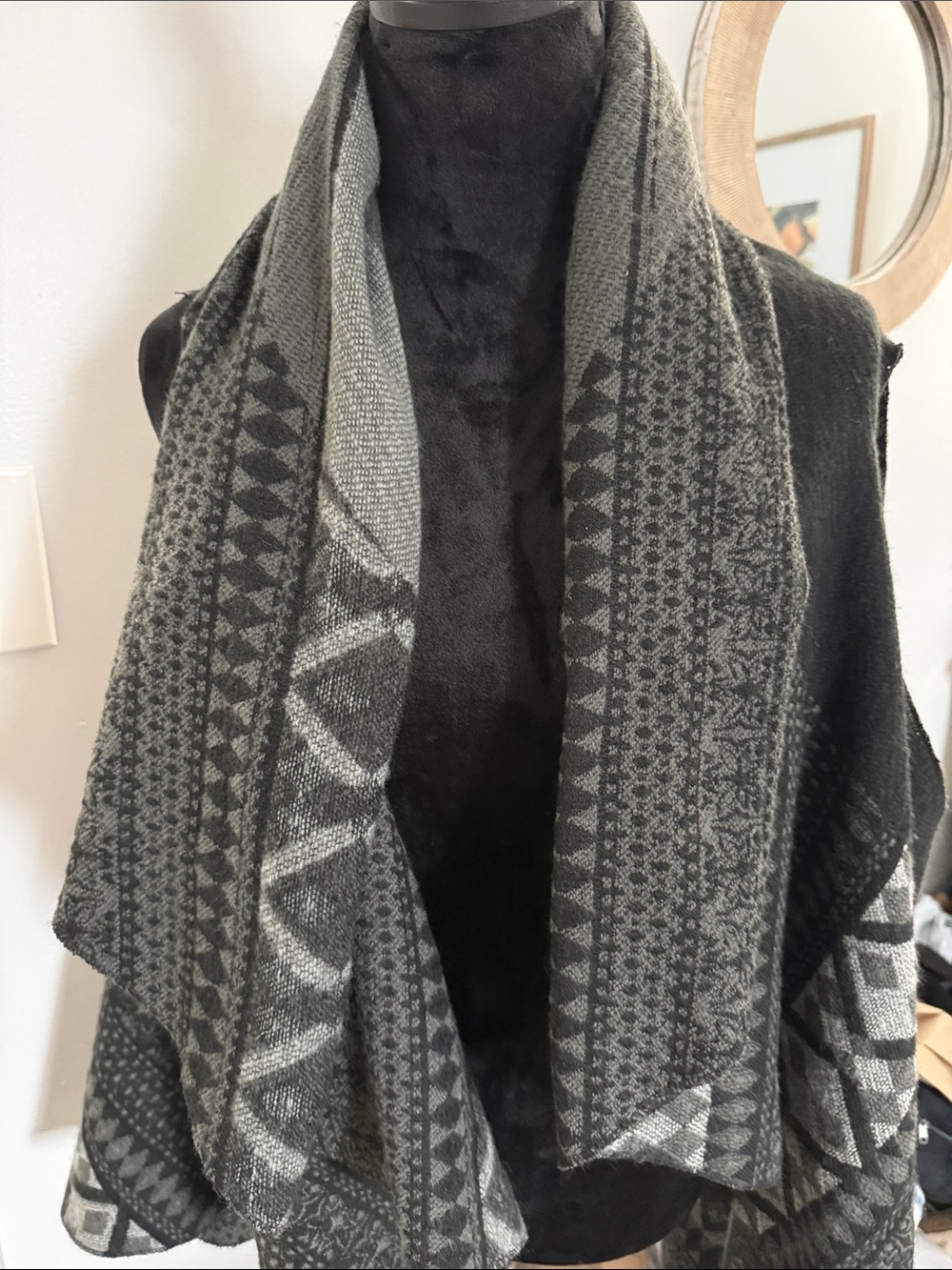 Charlie Paige Black and Gray Geometric Knit Poncho